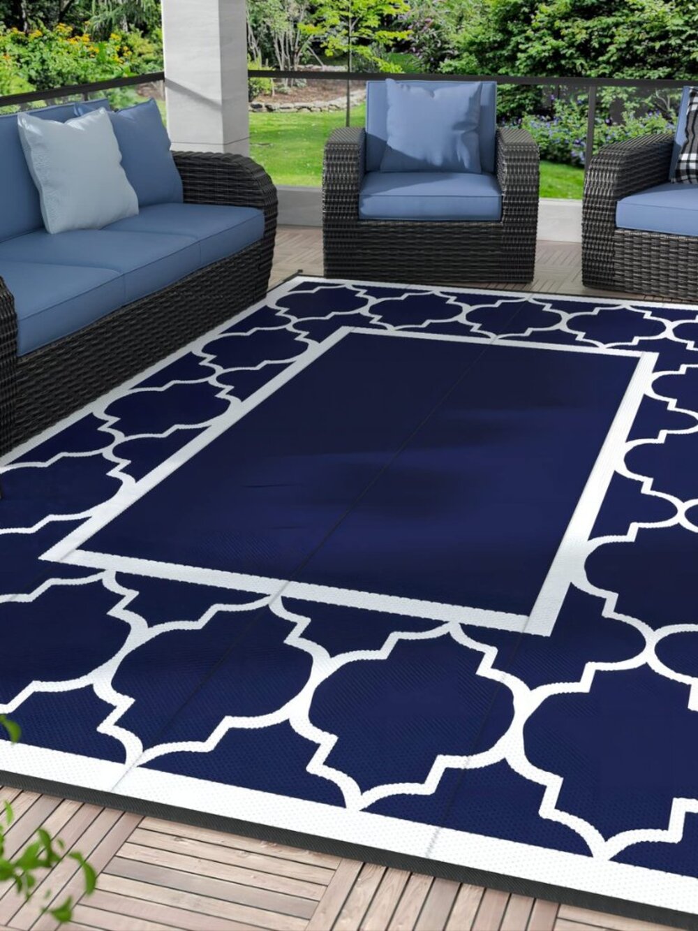 Outdoor Rug, Waterproof Plastic Rugs for Patio, 5'x8' Blue White